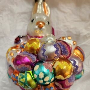 Christopher Radko "Hoppy Easter" w/ Colorful Eggs Glass Ornament, 6" Handpainted
